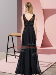 Sleeveless Floor Length Beading and Appliques Zipper Court Dresses for Sweet 16 with Black