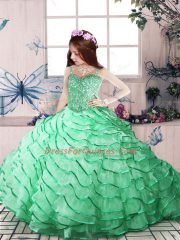 Sleeveless Court Train Lace Up Beading and Ruffled Layers Little Girl Pageant Dress
