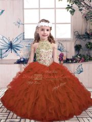 Floor Length Rust Red Little Girls Pageant Gowns High-neck Sleeveless Lace Up