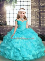 Fancy Sleeveless Organza Floor Length Lace Up Pageant Dress for Teens in Aqua Blue with Beading and Ruffles