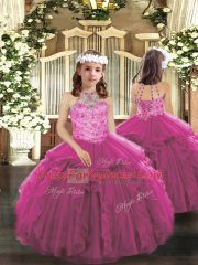 Customized Fuchsia Sleeveless Beading and Ruffles Floor Length Pageant Gowns For Girls