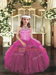 Customized Fuchsia Sleeveless Beading and Ruffles Floor Length Pageant Gowns For Girls