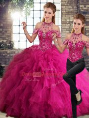 Halter Top Sleeveless Quinceanera Dress Floor Length Beading and Ruffles Fuchsia Tulle