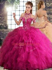 Halter Top Sleeveless Quinceanera Dress Floor Length Beading and Ruffles Fuchsia Tulle