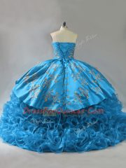 New Style Blue Quinceanera Dress Fabric With Rolling Flowers Brush Train Sleeveless Embroidery and Ruffles
