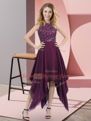 Fantastic Asymmetrical Dark Purple Prom Evening Gown High-neck Sleeveless Zipper
