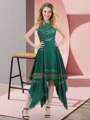 Latest Dark Green Chiffon Zipper Prom Dresses Sleeveless Asymmetrical Beading and Sequins