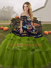 Fitting Tulle Off The Shoulder Sleeveless Brush Train Lace Up Embroidery and Ruffled Layers Quinceanera Gown in Olive Green