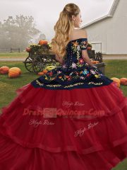 Fitting Tulle Off The Shoulder Sleeveless Brush Train Lace Up Embroidery and Ruffled Layers Quinceanera Gown in Olive Green