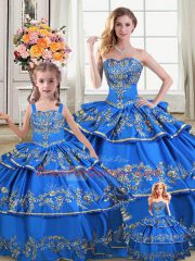 Modest Embroidery and Ruffled Layers Sweet 16 Quinceanera Dress Royal Blue Lace Up Sleeveless Floor Length