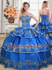 Modest Embroidery and Ruffled Layers Sweet 16 Quinceanera Dress Royal Blue Lace Up Sleeveless Floor Length