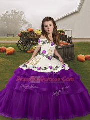 New Arrival Floor Length Lace Up Child Pageant Dress Eggplant Purple for Party and Military Ball and Wedding Party with Embroidery and Ruffled Layers
