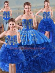 Best Sleeveless Floor Length Embroidery and Ruffles Lace Up Quinceanera Gown with Royal Blue