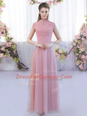 Eye-catching Pink Quinceanera Court Dresses Wedding Party with Lace High-neck Cap Sleeves Zipper