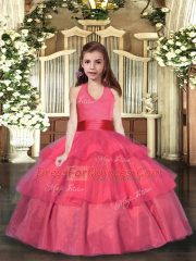 Organza Halter Top Sleeveless Lace Up Ruffled Layers Little Girls Pageant Dress in Coral Red