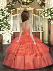 Organza Halter Top Sleeveless Lace Up Ruffled Layers Little Girls Pageant Dress in Coral Red