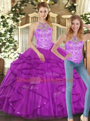 Cute Floor Length Lace Up 15th Birthday Dress Purple for Sweet 16 and Quinceanera with Beading and Ruffles