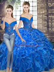 Fashion Sleeveless Organza Floor Length Lace Up Sweet 16 Dresses in Royal Blue with Beading and Ruffles