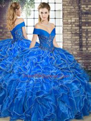 Fashion Sleeveless Organza Floor Length Lace Up Sweet 16 Dresses in Royal Blue with Beading and Ruffles