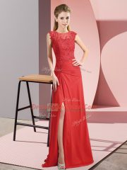 Red Column/Sheath Scoop Sleeveless Chiffon Floor Length Zipper Beading Prom Gown