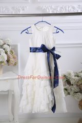 Decent White Scoop Neckline Ruffles and Belt Toddler Flower Girl Dress Sleeveless Zipper