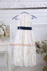 Decent White Scoop Neckline Ruffles and Belt Toddler Flower Girl Dress Sleeveless Zipper