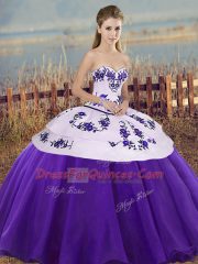 White And Purple Ball Gowns Embroidery and Bowknot Vestidos de Quinceanera Lace Up Tulle Sleeveless Floor Length