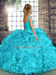 Aqua Blue Organza Lace Up 15th Birthday Dress Sleeveless Floor Length Beading and Ruffles