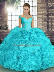 Aqua Blue Organza Lace Up 15th Birthday Dress Sleeveless Floor Length Beading and Ruffles