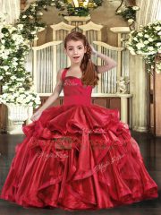 Admirable Red Ball Gowns Organza Straps Sleeveless Ruffles Floor Length Lace Up Child Pageant Dress