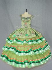 Organza Straps Sleeveless Lace Up Embroidery and Ruffled Layers Quinceanera Gown in Olive Green