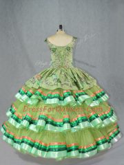 Organza Straps Sleeveless Lace Up Embroidery and Ruffled Layers Quinceanera Gown in Olive Green