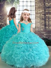 Floor Length Aqua Blue Little Girl Pageant Gowns Fabric With Rolling Flowers Sleeveless Beading and Ruching