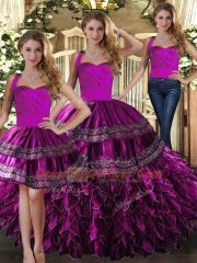 Beauteous Fuchsia Sleeveless Floor Length Embroidery and Ruffles Lace Up Quinceanera Dresses