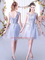 Grey Lace Up V-neck Lace Damas Dress Tulle Sleeveless