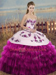 Custom Design Floor Length Fuchsia Sweet 16 Dresses Organza Sleeveless Embroidery and Ruffled Layers and Bowknot