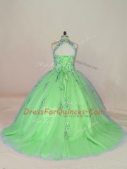Tulle Halter Top Sleeveless Brush Train Lace Up Appliques and Embroidery Quinceanera Gown in