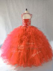 Trendy Floor Length Orange Red Quinceanera Gowns Scoop Sleeveless Lace Up