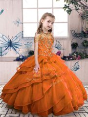Best Floor Length Orange Red Kids Formal Wear Organza Sleeveless Beading