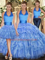 Fancy Baby Blue Lace Up Halter Top Ruffles and Pick Ups Vestidos de Quinceanera Sleeveless