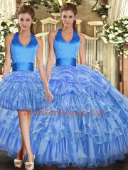 Fancy Baby Blue Lace Up Halter Top Ruffles and Pick Ups Vestidos de Quinceanera Sleeveless