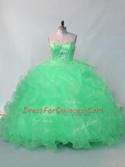 Sleeveless Floor Length Beading and Ruffles Lace Up Quinceanera Dress with Green