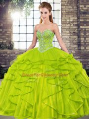 Deluxe Olive Green Sleeveless Beading and Ruffles Floor Length Quinceanera Dresses