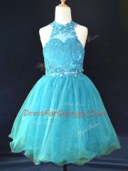 Aqua Blue Organza Lace Up Little Girls Pageant Gowns Sleeveless Mini Length Beading and Lace
