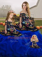 Gorgeous Off The Shoulder Sleeveless 15 Quinceanera Dress Floor Length Embroidery and Ruffles Royal Blue Tulle
