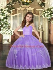 Lavender Ball Gowns Tulle Straps Sleeveless Appliques Floor Length Lace Up Kids Pageant Dress