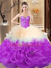 Best Fabric With Rolling Flowers Sleeveless Floor Length Quince Ball Gowns and Beading and Ruffles