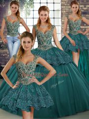 Delicate Ball Gowns Quinceanera Gowns Green Straps Tulle Sleeveless Floor Length Lace Up