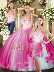 Sleeveless Floor Length Beading Lace Up Sweet 16 Quinceanera Dress with Fuchsia