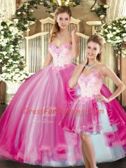 Sleeveless Floor Length Beading Lace Up Sweet 16 Quinceanera Dress with Fuchsia